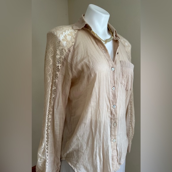 Anthropology Holding Horses CottonTan Blouse Sleeves shoulder & Back Lace SZ XS - Picture 7 of 16